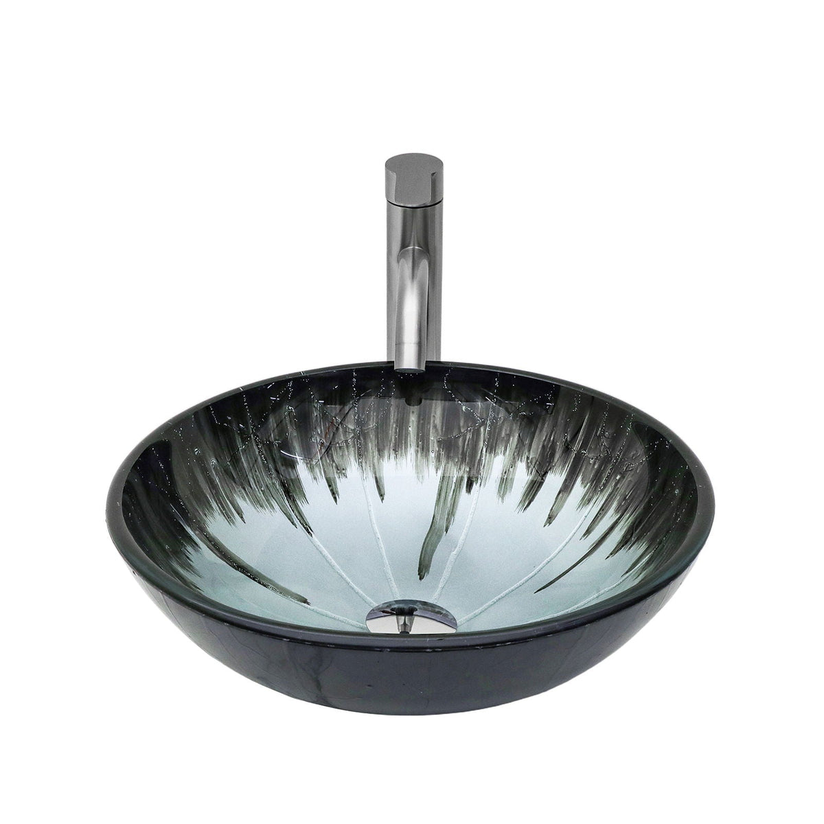 Gray Crackle Vessel Sink with Pop Up Drain – Tempered Glass Bathroom Basin