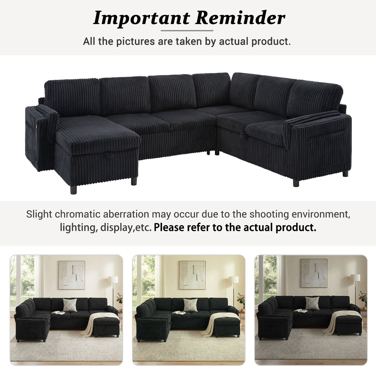 Convertible U-Shaped Sectional Sofa Bed with USB Ports and Storage – Black, Dark Gray, Blue