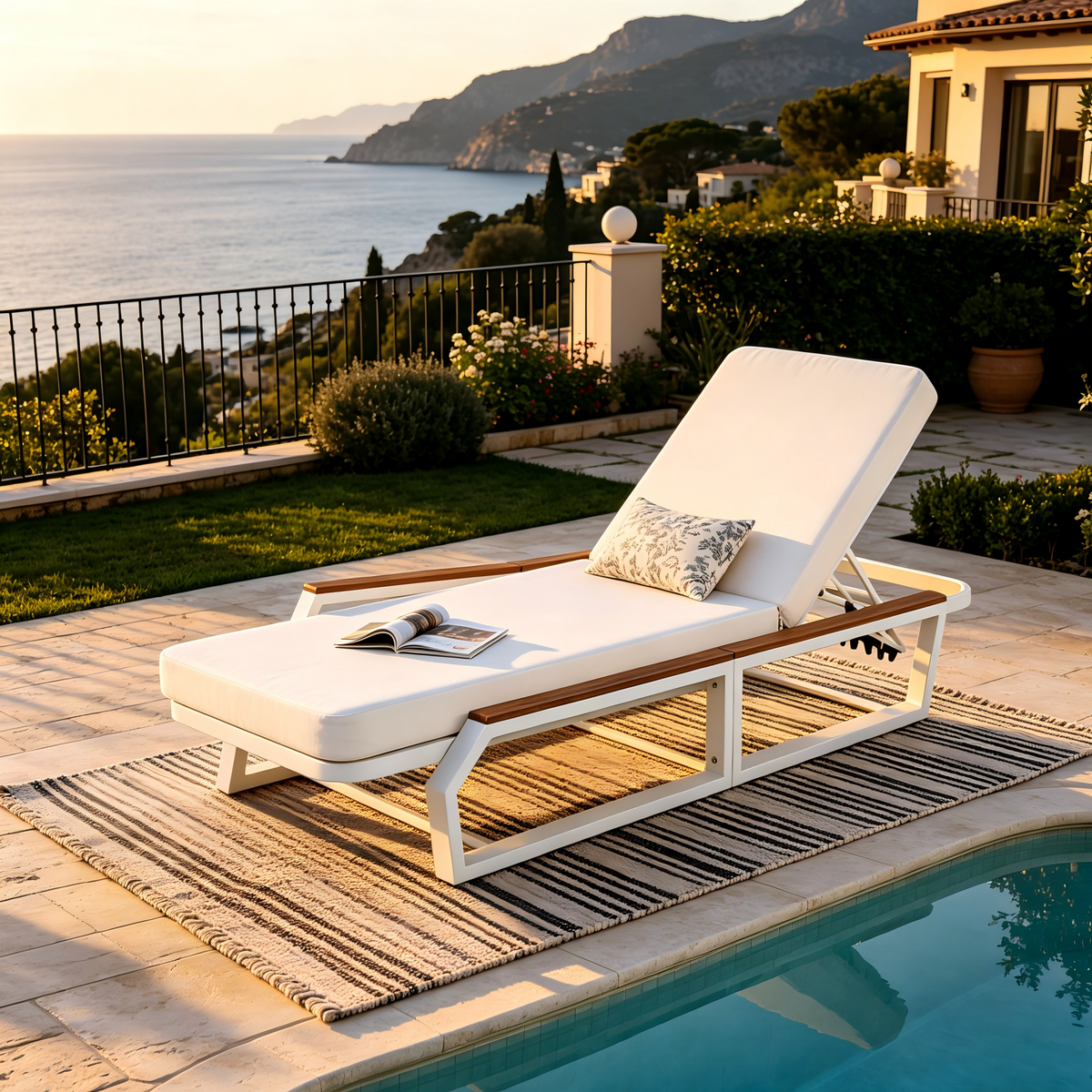 Adjustable 5-Position Outdoor Chaise Lounge with Cushion - Black, Grey, Teak or Cream, Teak, White