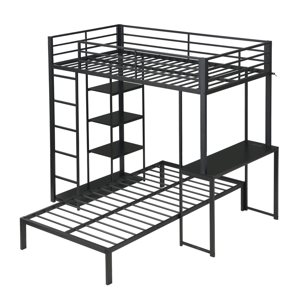 Metal Loft Bed Frame with LED Light Strip, Desk & Storage Shelves - Twin Size