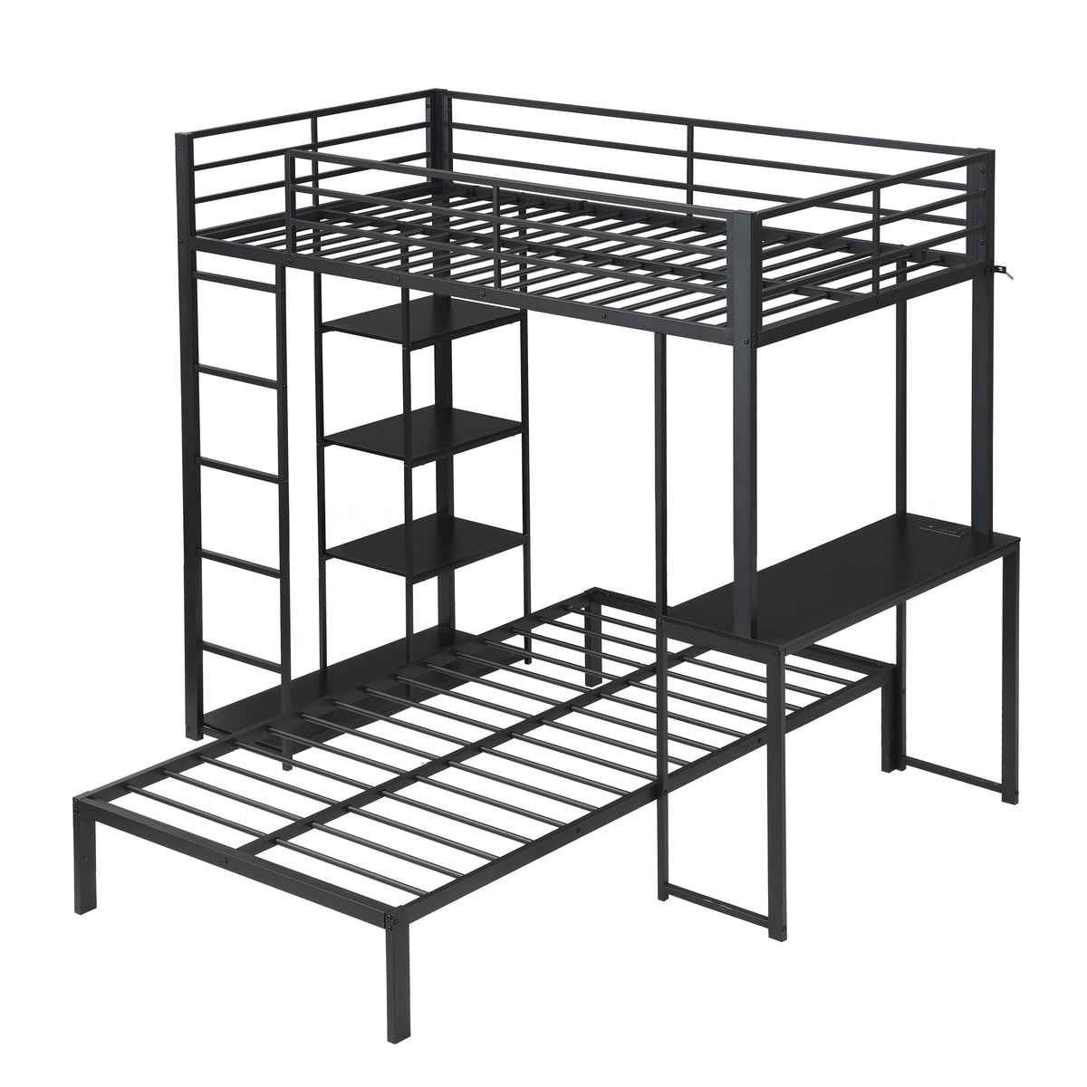 Metal Loft Bed Frame with LED Light Strip, Desk & Storage Shelves - Twin Size