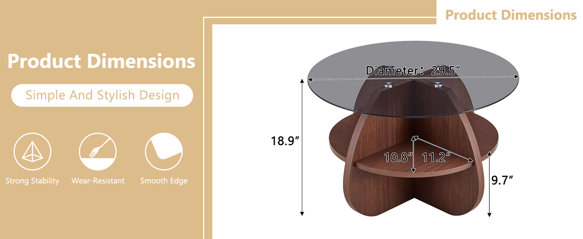 Creative Cross-Structure Round Coffee Table with Glass Top - Walnut Finish