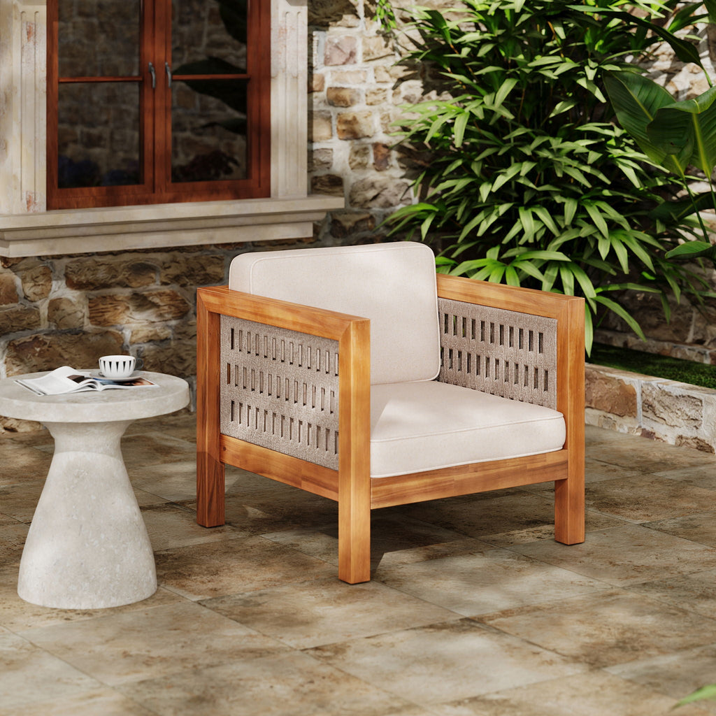 Outdoor Club Chair with Rope Arm and Cushions - Beige