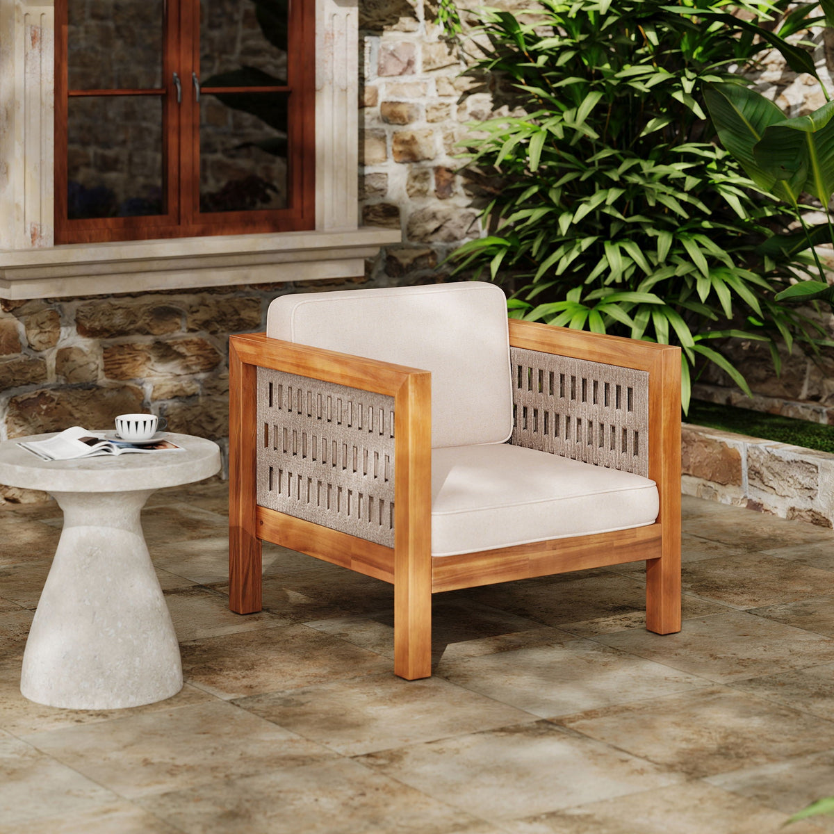 Outdoor Club Chair with Rope Arm and Cushions - Beige