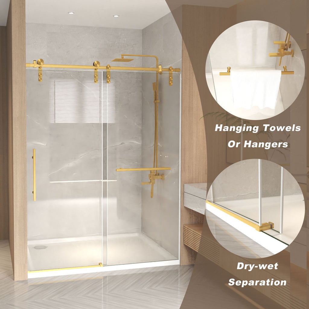 Frameless Sliding Shower Door with Clear Tempered Glass - Brushed Gold