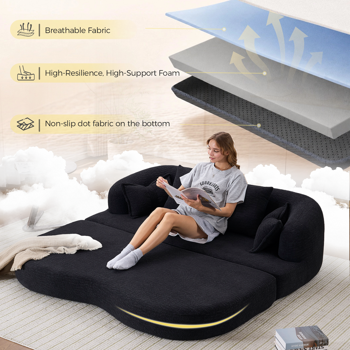 2-in-1 Foldable Sofa Bed with 4 Pillows - Chenille Upholstery