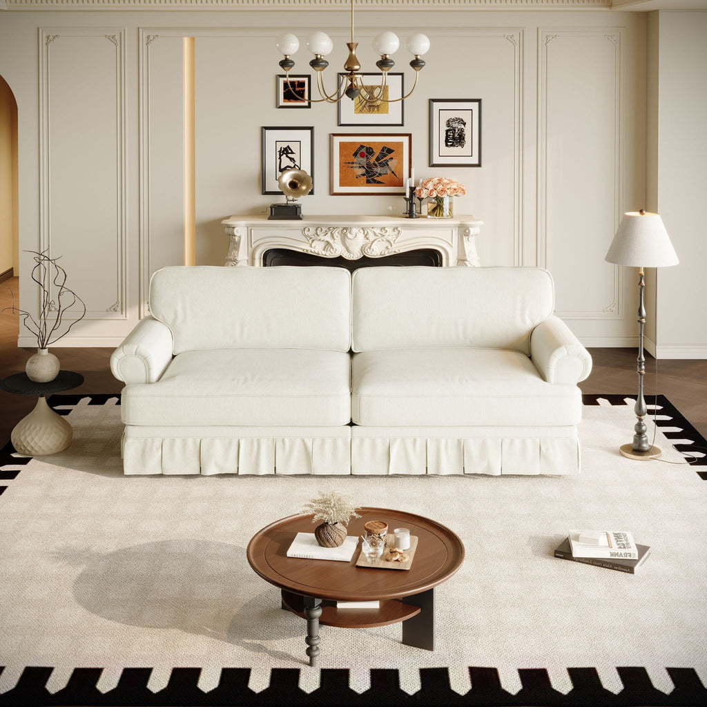 Cloud Couch Sofa with Rolled Arms and Pleated Skirt - Beige, Blue, or Light Brown