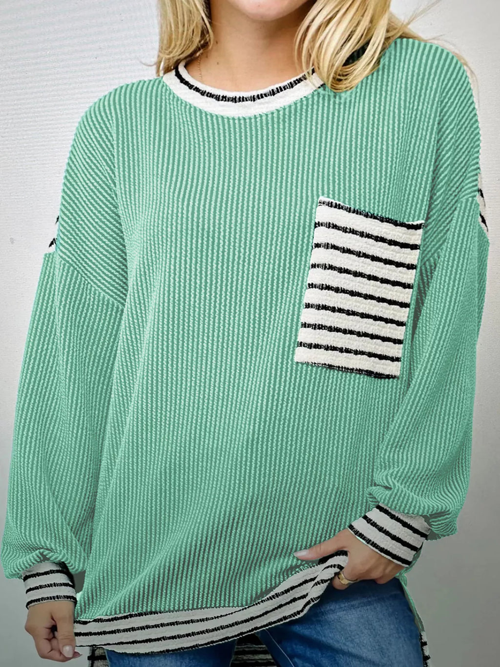 Twisted Ribbed Contrast Round Neck Striped Patchwork Long Sleeve Top