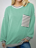 Twisted Ribbed Contrast Round Neck Striped Patchwork Long Sleeve Top