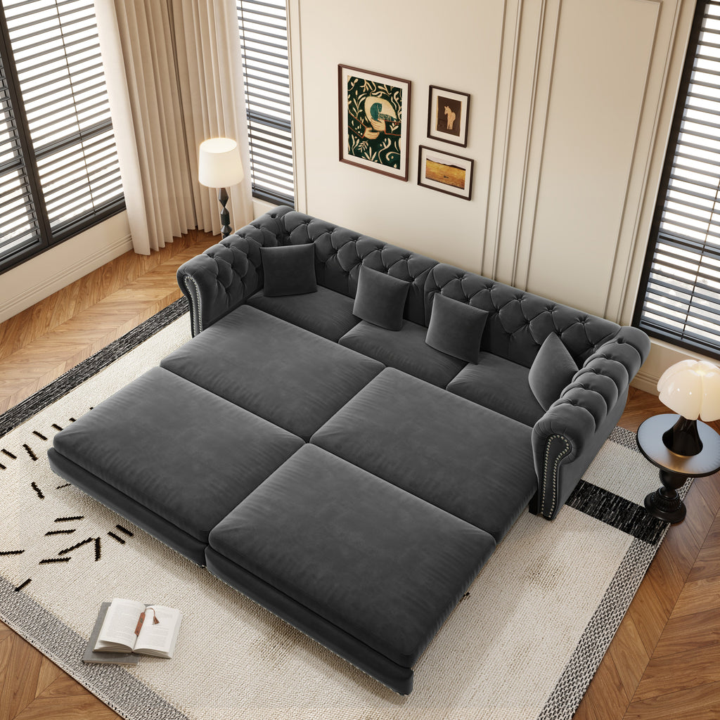 Chesterfield 3-in-1 Convertible Velvet Sofa Bed with Pull-Out Sleeper - Grey
