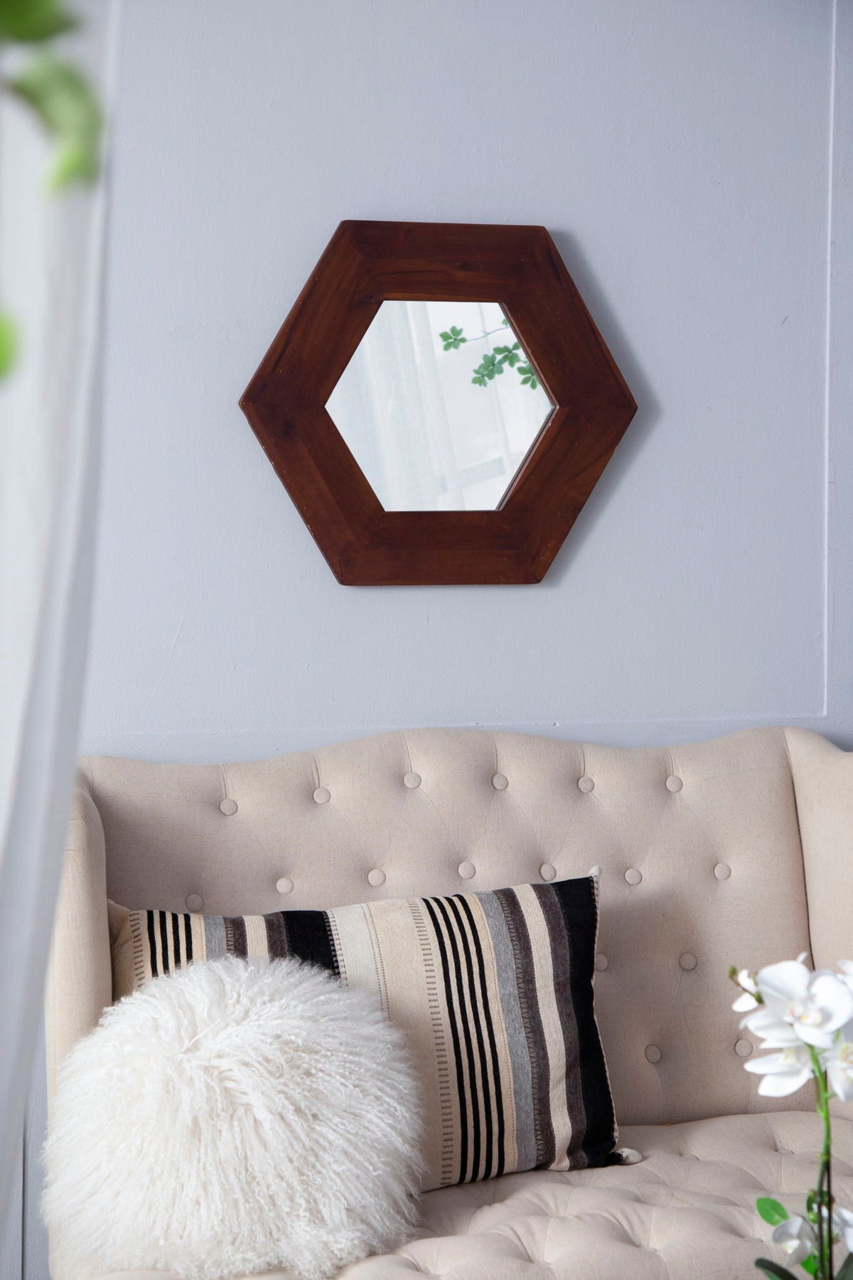 Hexagon Accent Mirror with Solid Teak Wood Frame - Light Brown, Dark Brown, Black