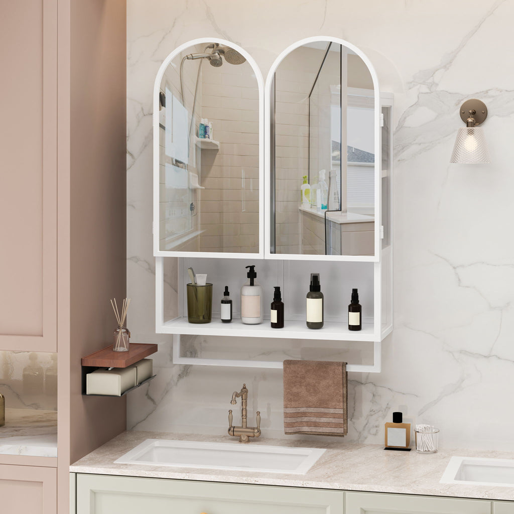 Double Arched Mirror Wall Cabinet with Adjustable Shelves and Towel Rack - Black or White
