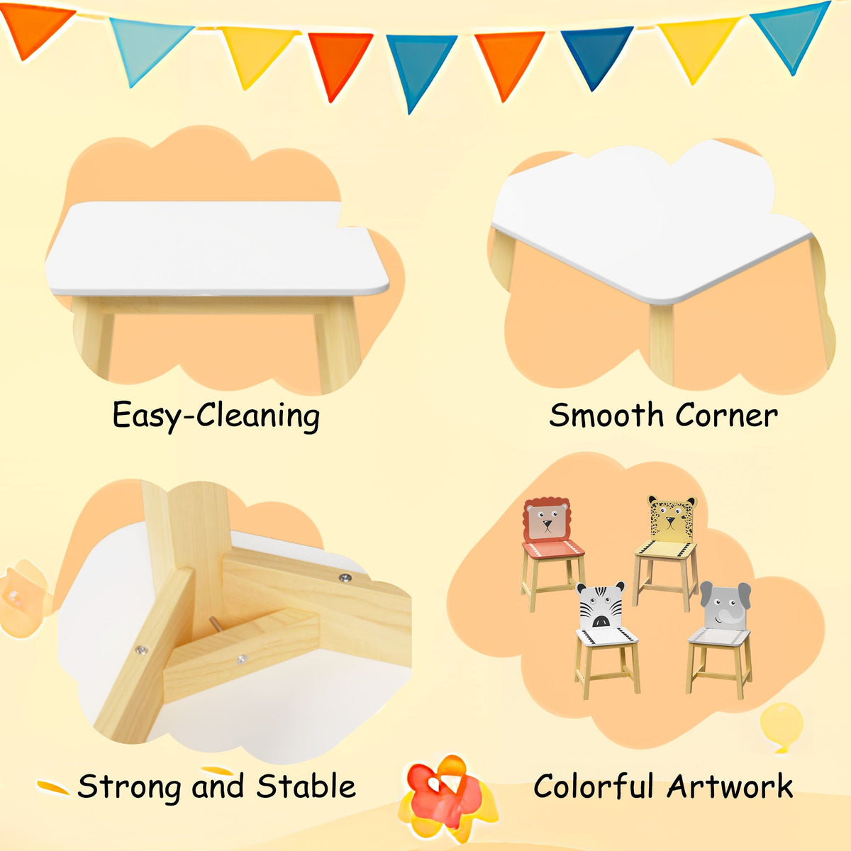 Kids Table and Chair Set with Cartoon Animals Design - White
