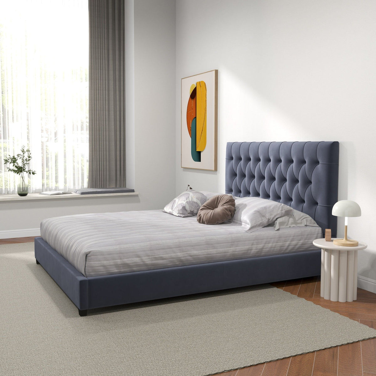 Dark Gray Mid-Century Modern Upholstered Platform Bed with Foam Headboard
