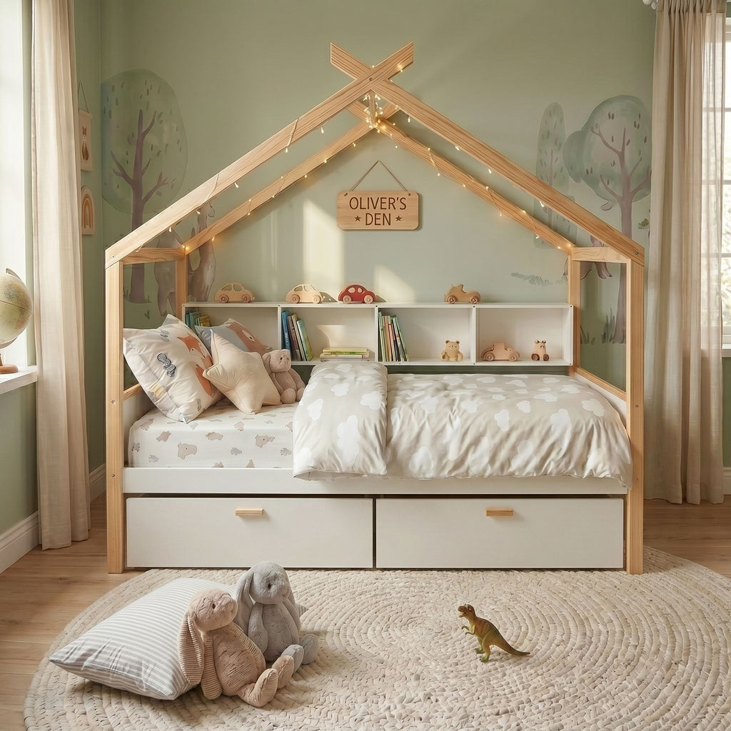 House Bed With Bookshelf Storage and Integrated Shelves - White