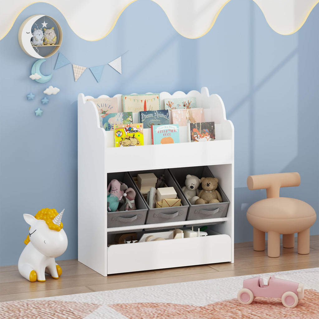 Bookshelf With Storage Bins and Drawer – Multi Functional Book Organizer for Toddlers - White