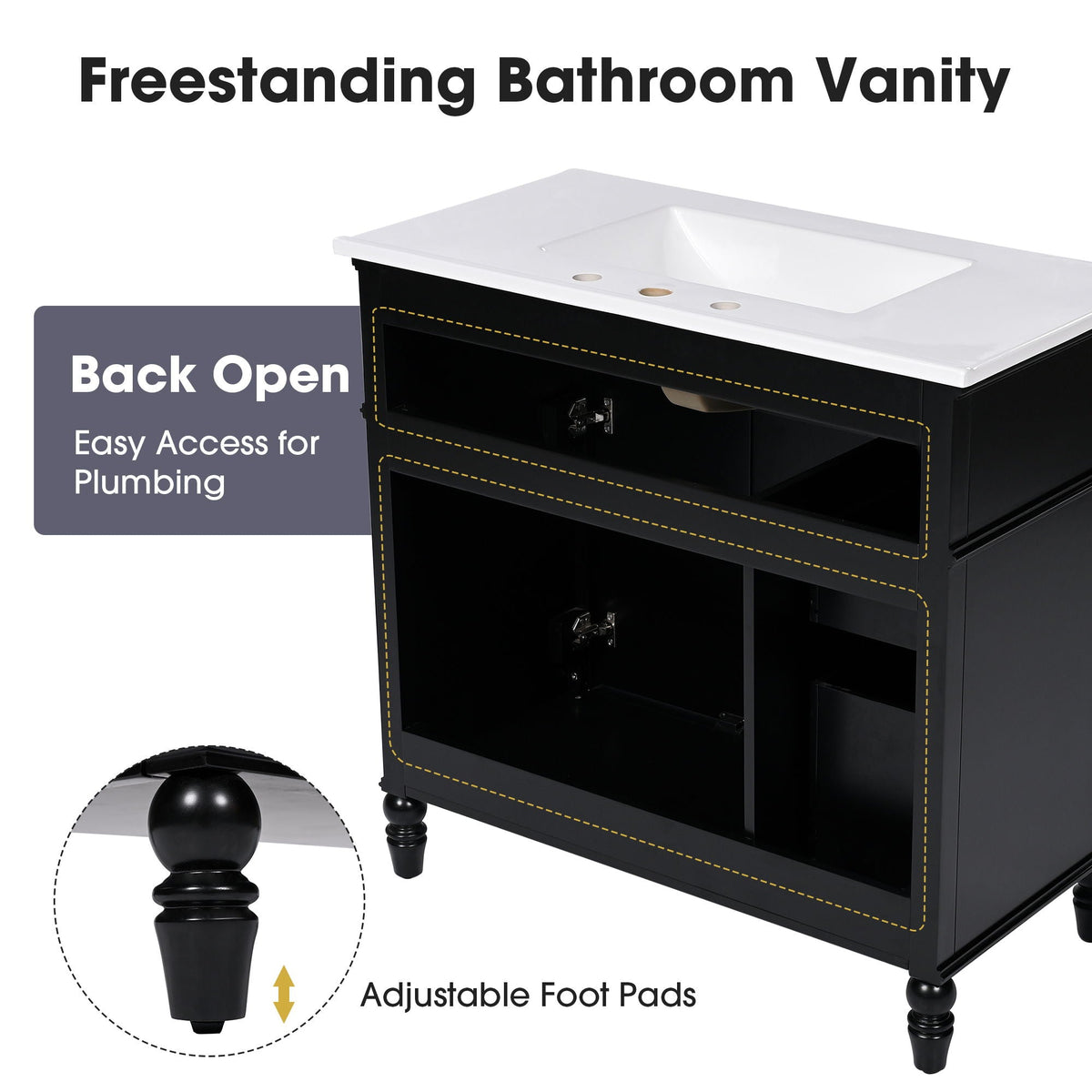 Bathroom Vanity With Sink and Drawers - Freestanding Solid Wood Cabinet