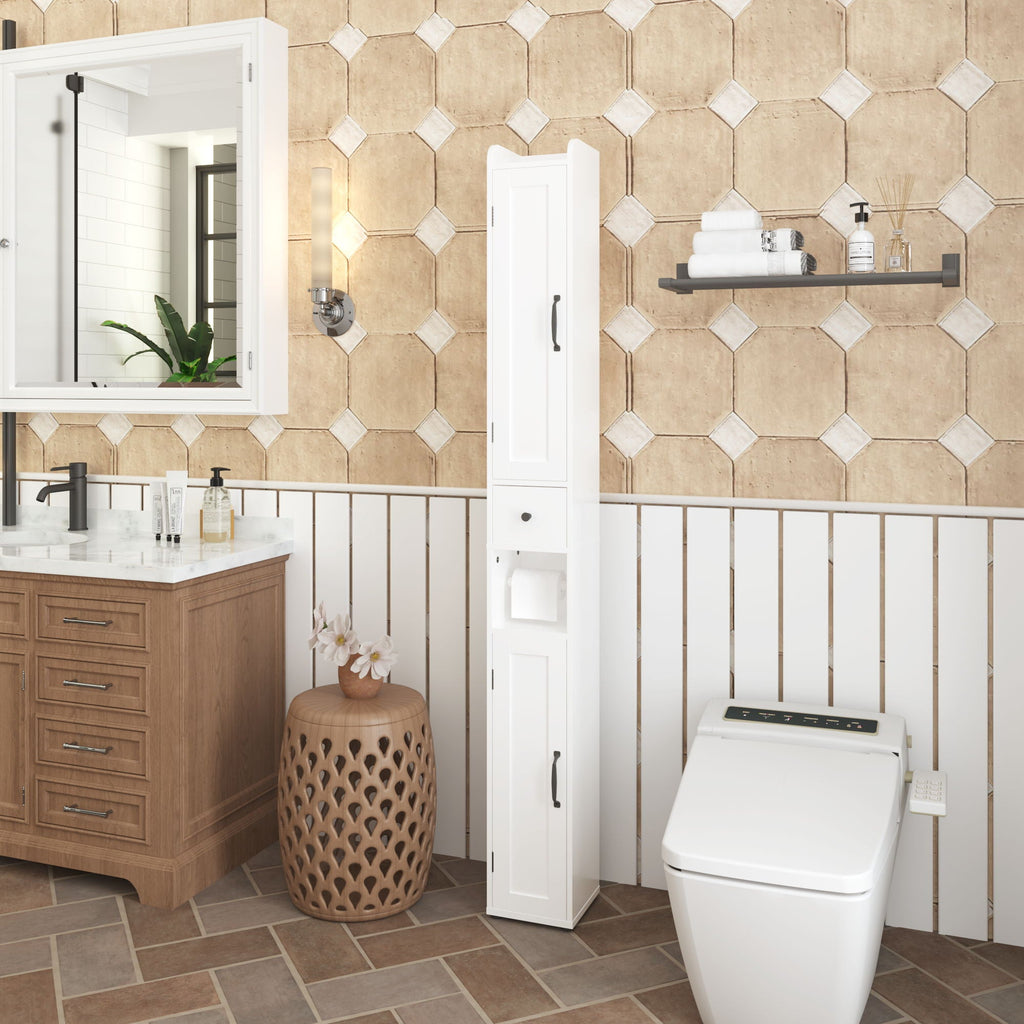 Slim Tall Bathroom Storage Cabinet with Adjustable Shelves - White
