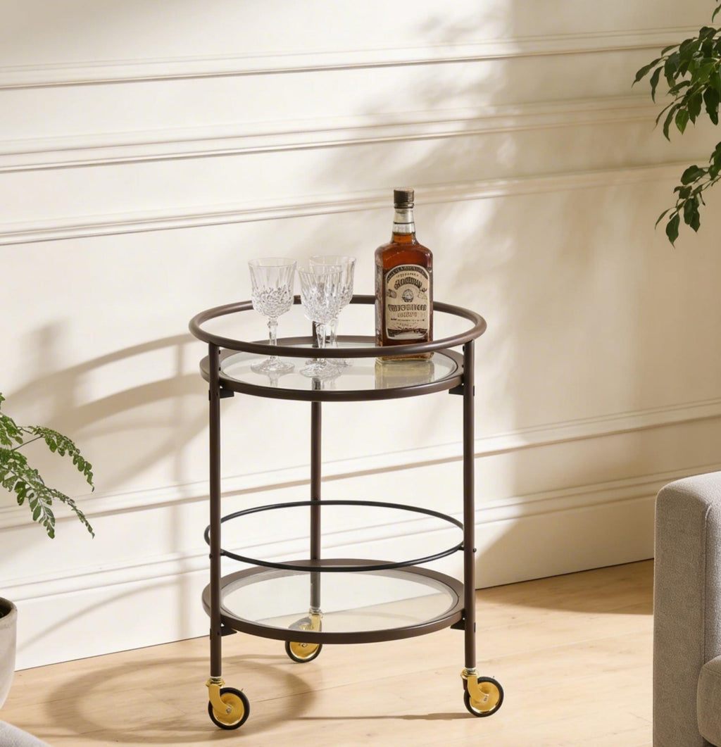 Modern Coffee Kitchen Cart with Tempered Glass Shelves - Coffee Brown
