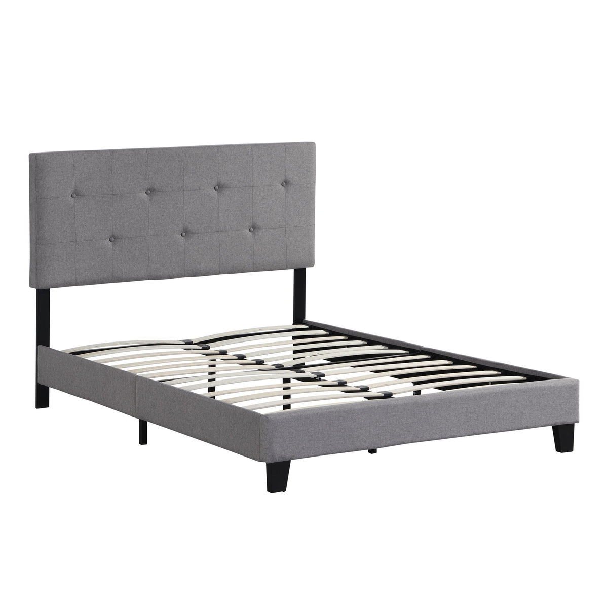 Full Size Upholstered Platform Bed Frame with Button Tufted Linen Headboard - Gray