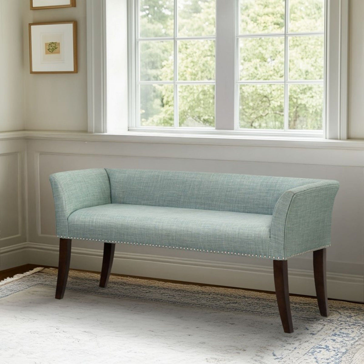 Welburn Upholstered Bench with Low Back and Flared Arms - Blue, Light Blue, or Beige