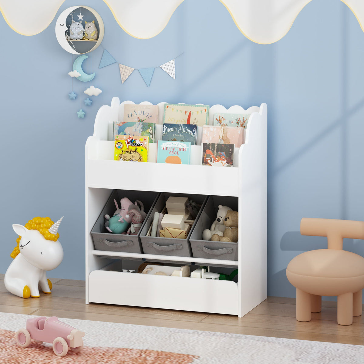 Bookshelf With Storage Bins and Drawer – Multi Functional Book Organizer for Toddlers - White
