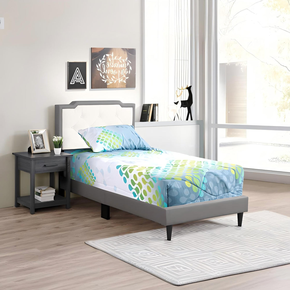 Two Tone Upholstered Bed with Button Tufted Headboard - Multiple Colors