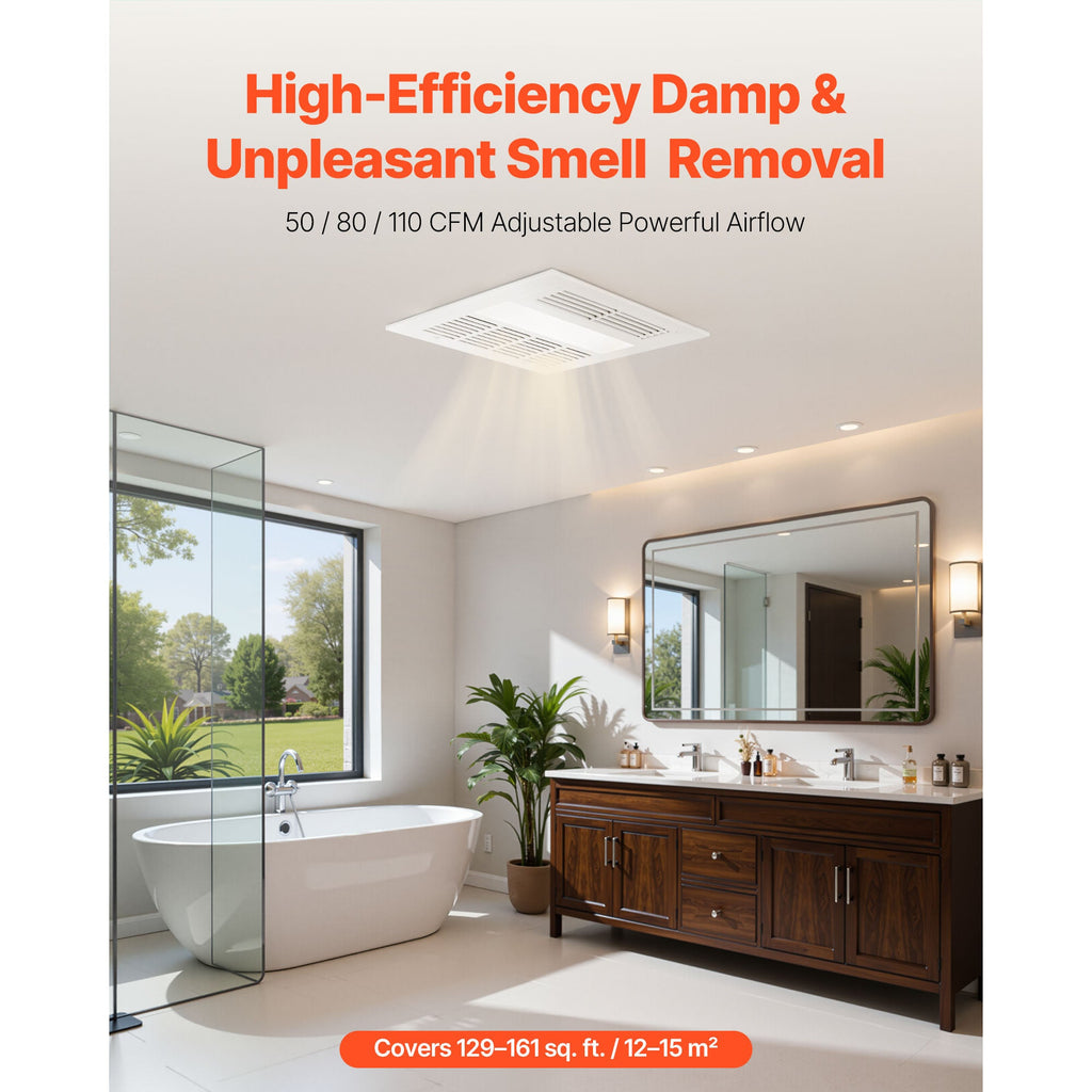 Bathroom Exhaust Fan with LED Light & Heater – Quiet DC Motor - White