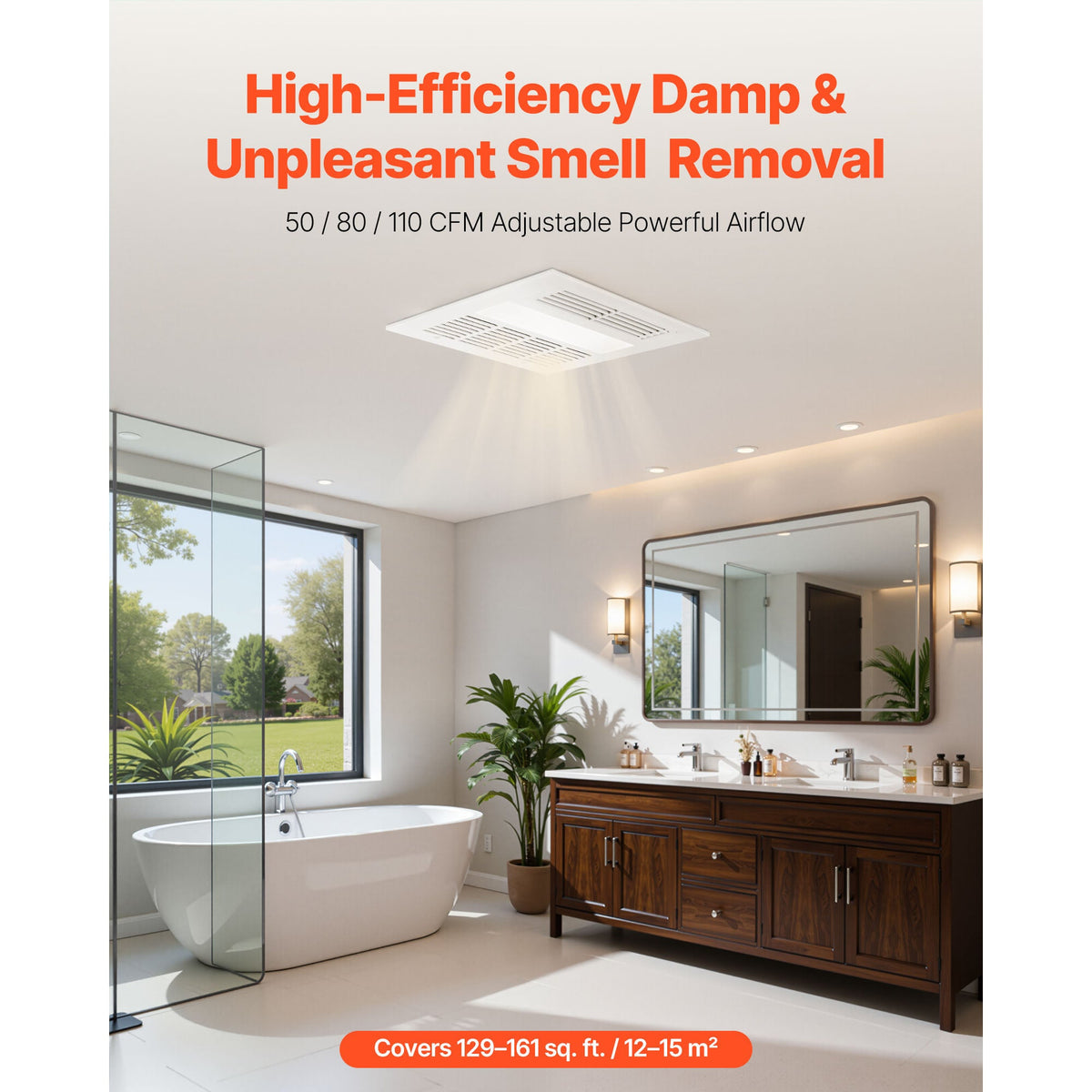 Bathroom Exhaust Fan with LED Light & Heater – Quiet DC Motor - White
