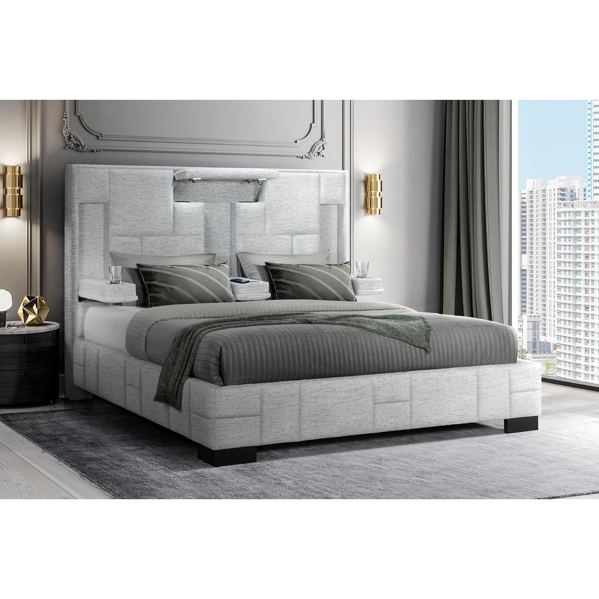Yaris Upholstered Bed with Wireless Charging and LED Lights - Gray or Blue