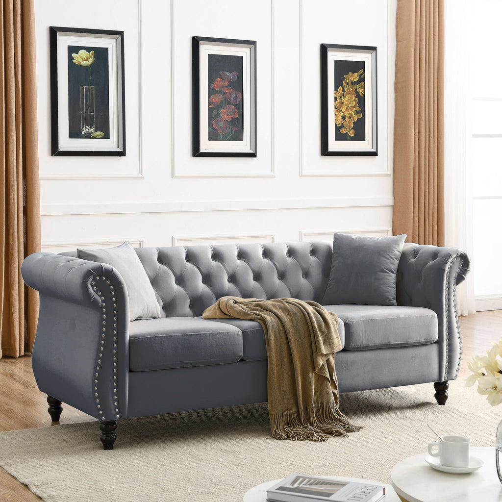 Chesterfield Sofa with Rolled Arms and Nailhead Trim – Solid Wood Frame