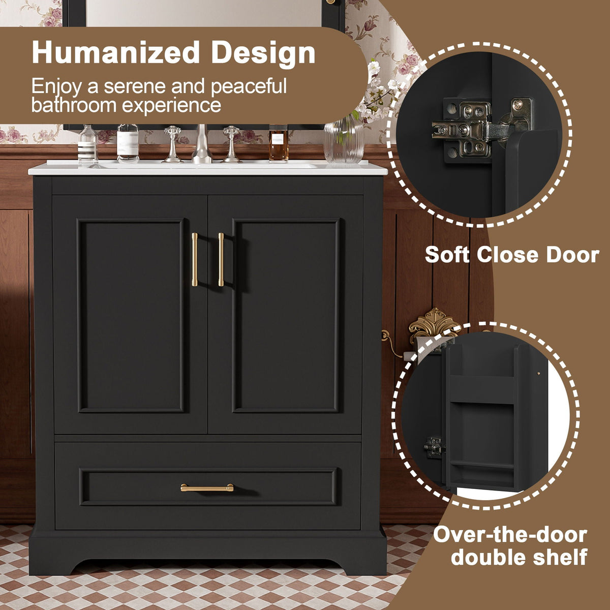 Bathroom Vanity with Sink and Soft Close Doors - White, Black, Green, or Gray