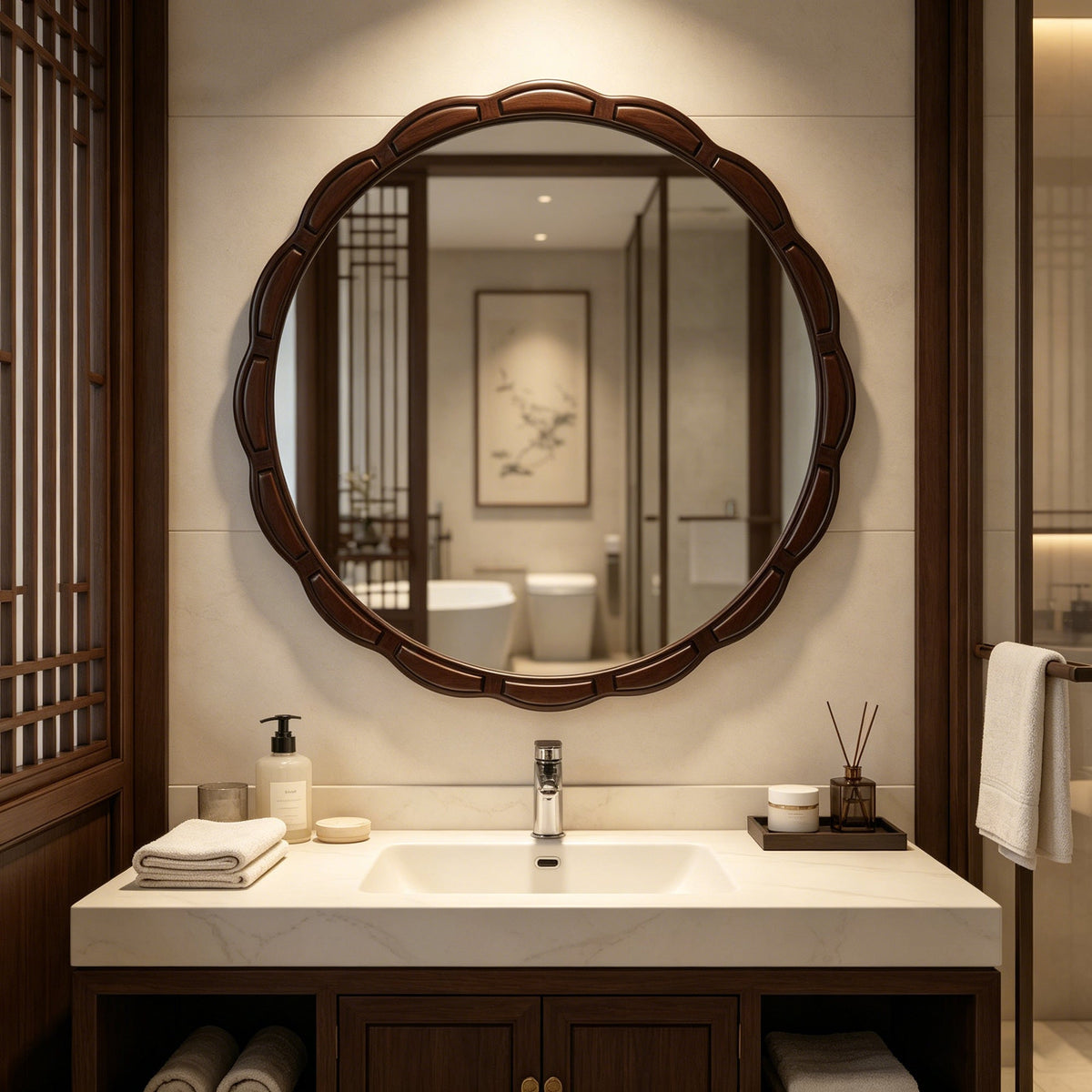Round Wood Wall Mirror with Solid Wood Frame - 31.5"