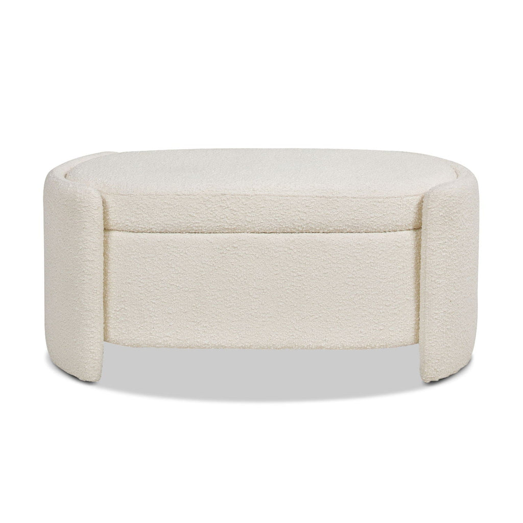 Ivory White Oval Storage Bench with Three-Compartment Interior - Upholstered