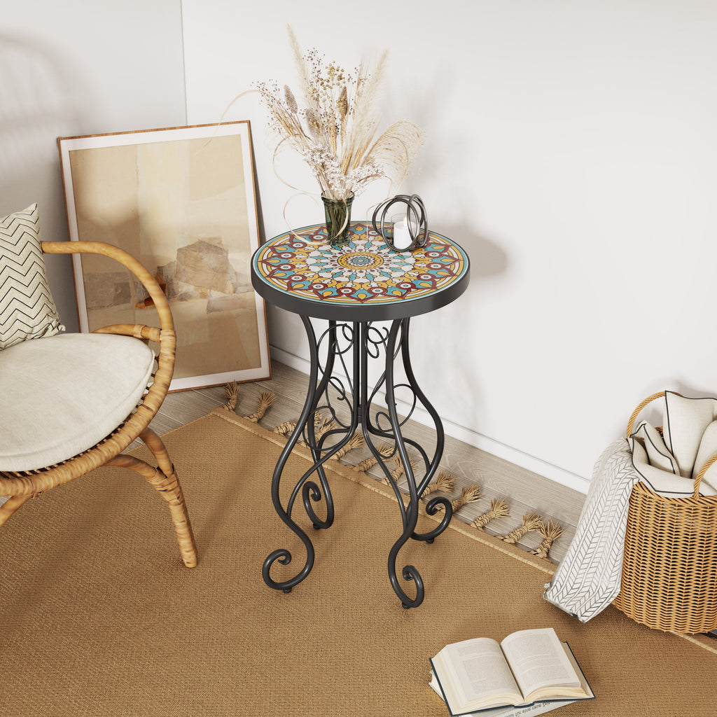 Round Ceramic Outdoor Side Table with Colorful Tile Top - Black