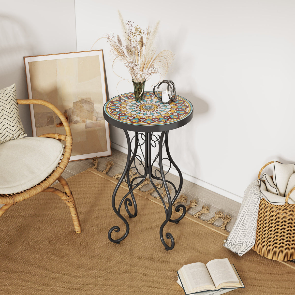 Round Ceramic Outdoor Side Table with Colorful Tile Top - Black