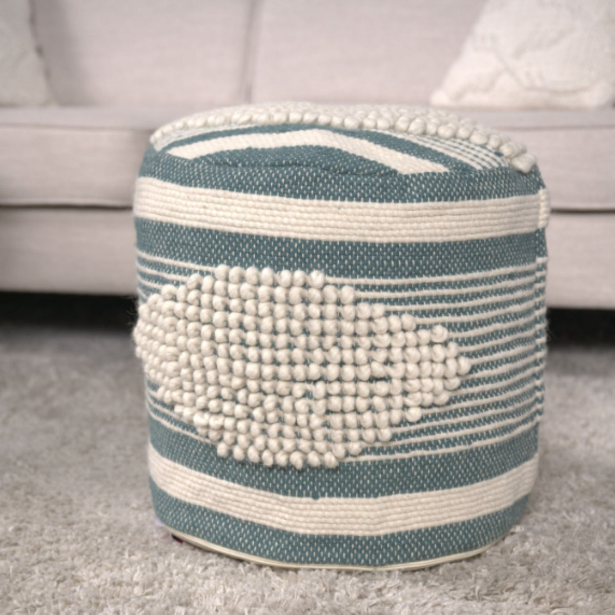 Handcrafted Cylindrical Pouf with Wool Upholstery - Dark Green, Black or Blue