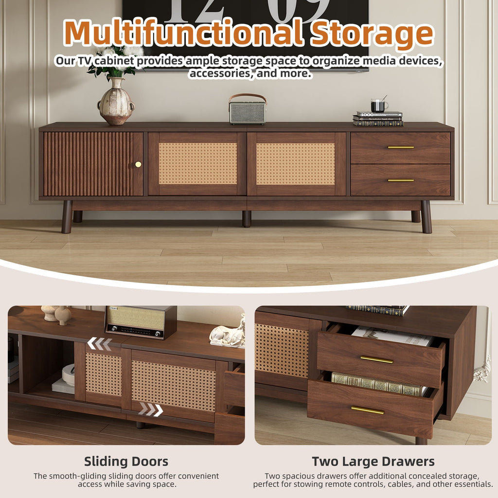 TV Stand for 80" TVs with Sliding Doors and Drawers - Dark Brown