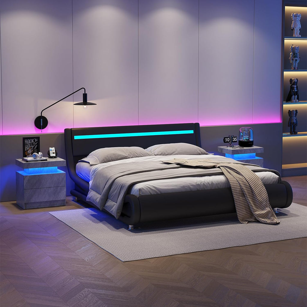 Modern LED Nightstand with 2 Drawers and Adjustable Lighting - Deep Gray