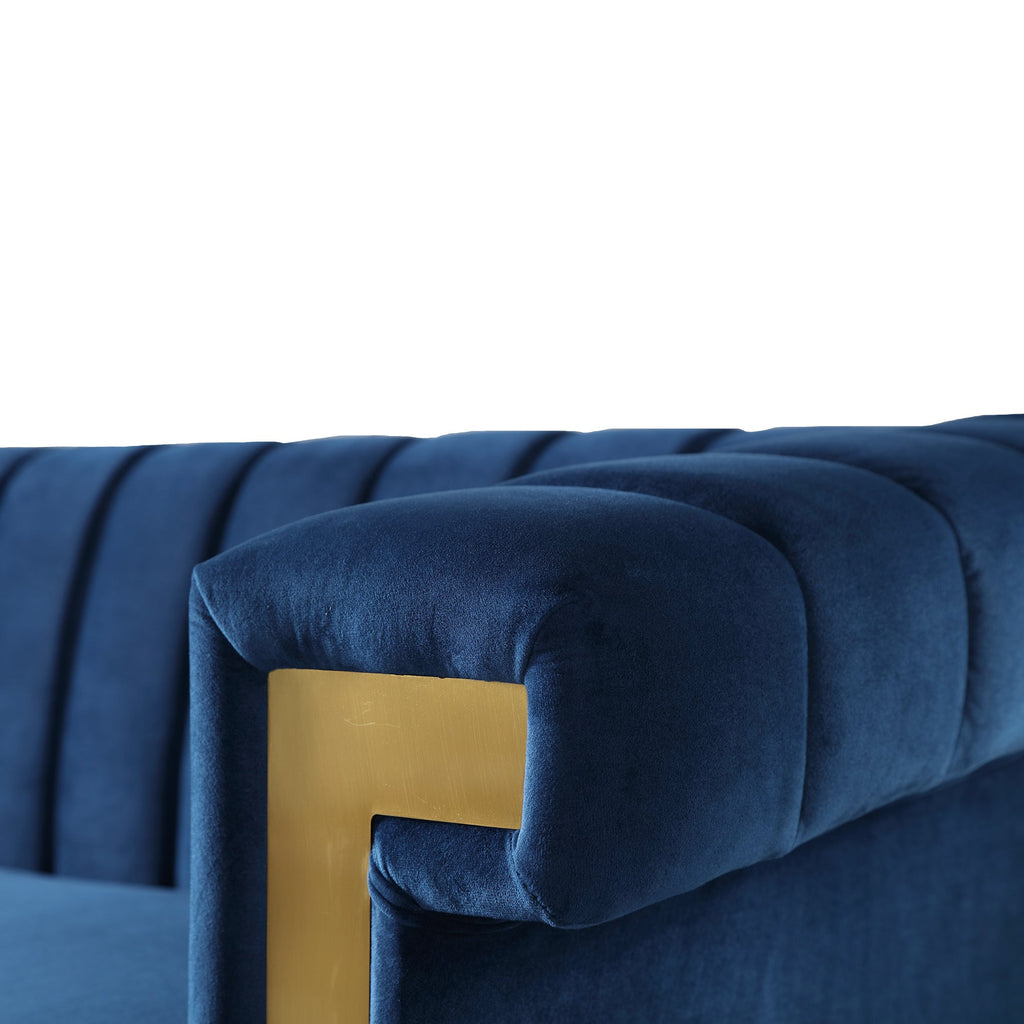 Vintage Blue Velvet 2 Piece Sofa Set with Channel Tufted Backrest - Blue