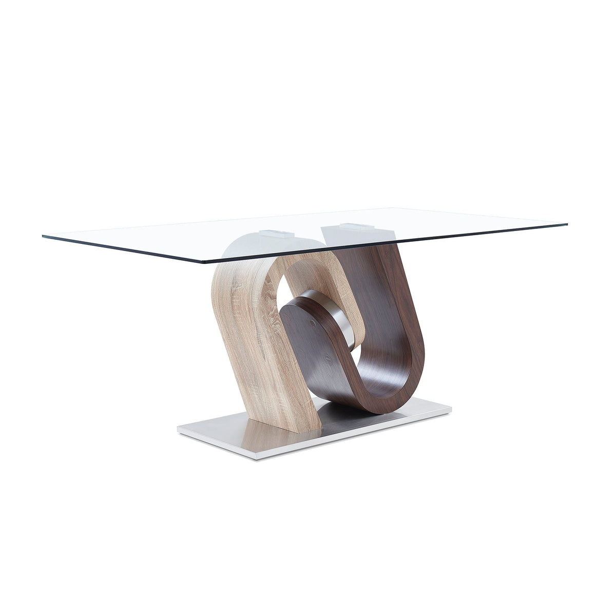 Oak & Walnut Dining Table with Stainless Steel Base - Brown / Beige