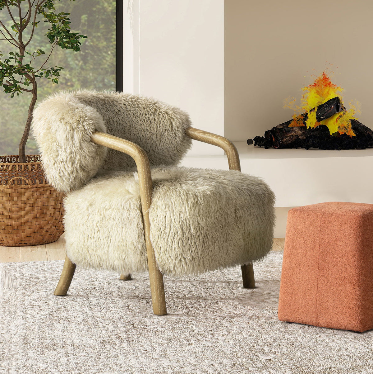 Rustic Oak Sheepskin Upholstered Arm Chair with Ergonomic Comfort - Taupe Beige