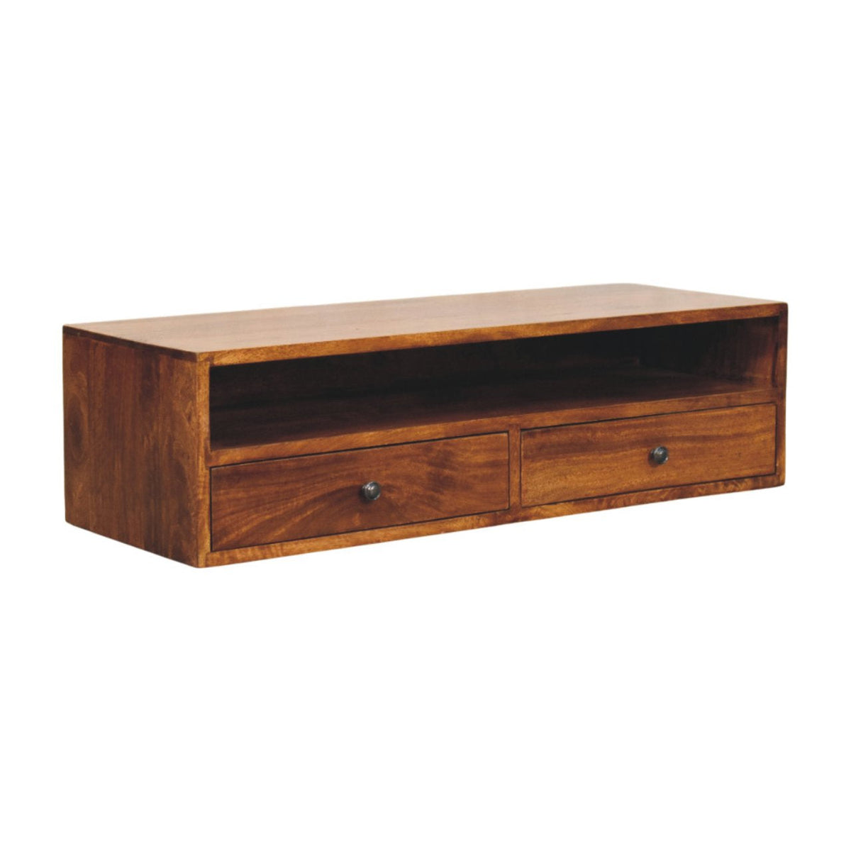 Solid Wood Lunar Wall-Mounted Media Unit with 2 Drawers - Chestnut