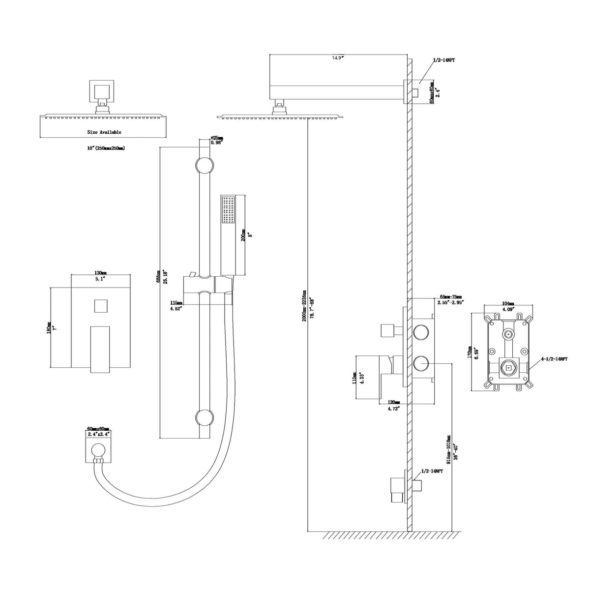 Modern Shower System with Adjustable Slide Bar - Black or Gray