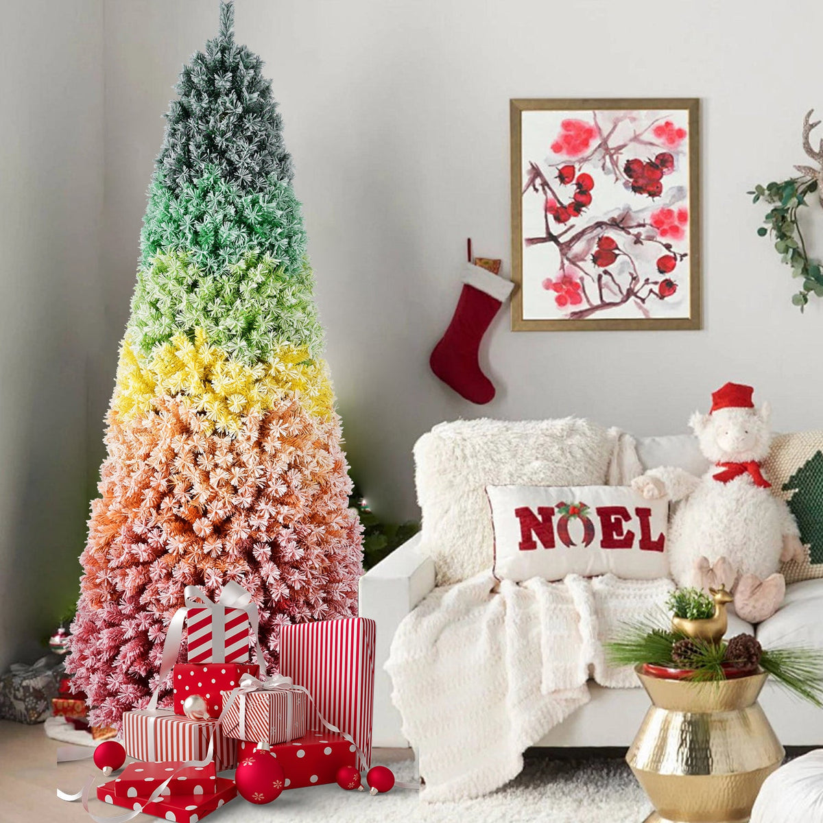 7.5ft Rainbow Gradient Flocked PVC Christmas Tree with Sturdy Metal Stand - Multi-Color