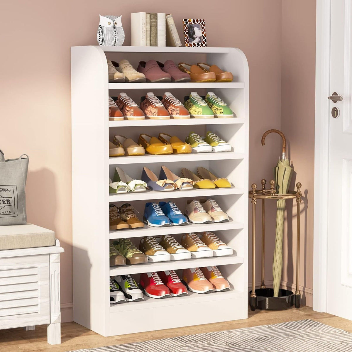 8 Tier Tall Shoe Rack with Ventilated Design - White