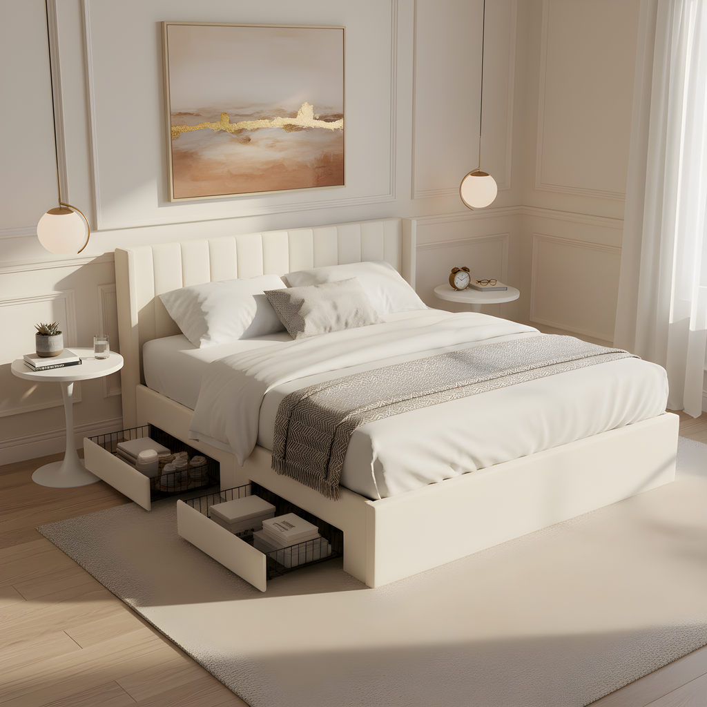Large-Capacity Upholstered Storage Bed with Drawers - Light Beige