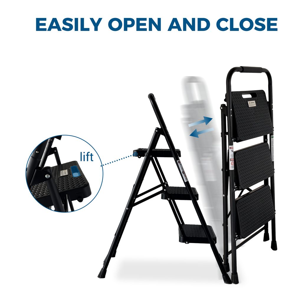 3 Step Ladder Folding Step Stool with Wide Anti-Slip Pedal - Black