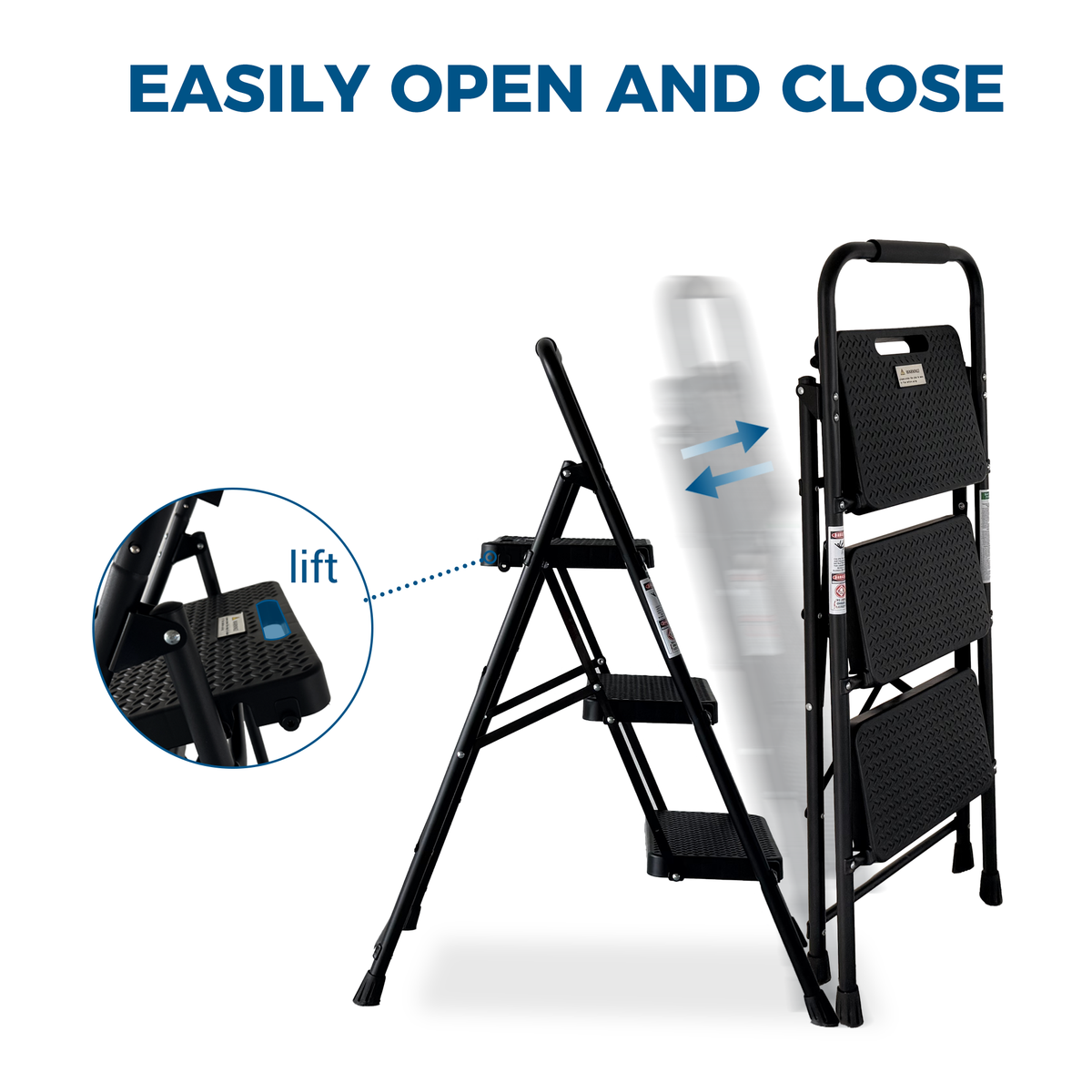3 Step Ladder Folding Step Stool with Wide Anti-Slip Pedal - Black