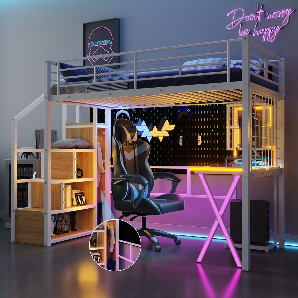 Loft Bed with Built-In Work Station, Wardrobe & Storage Staircase – White or Black